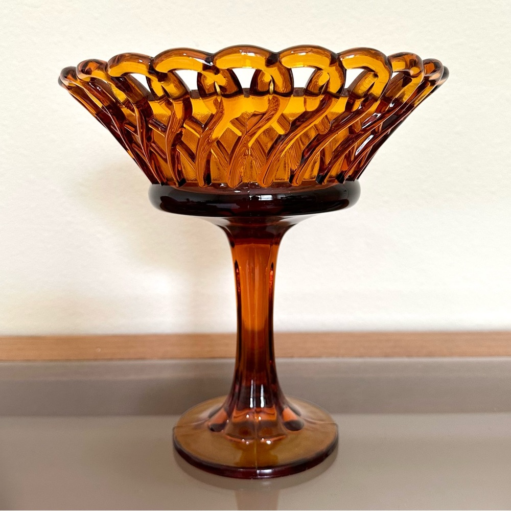 Vintage 70s Basket Lattice Weave Amber Glass Footed Bowl Dish 9” / 8” Rare